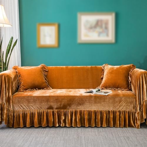 Velvet Sofa Cover with Ruffle Trim for 2-3 Cushion Sofa