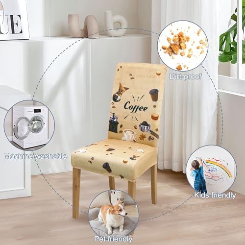 Modern Dining Chair Cover Set 8PCS Geometric Coffee Life Brown Microfiber Slipcovers