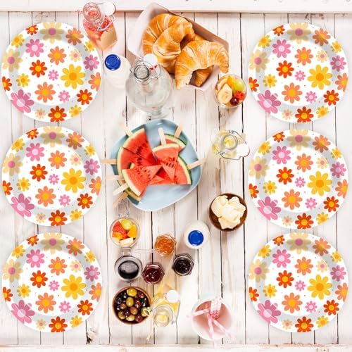 Qyeahkj 48PCS Groovy Daisy Paper Plates 7 Inch