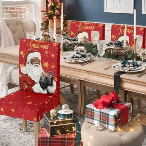 Horaldaily 4PCS Christmas Dining Chair Covers Black Santa Stretch Removable Washable Slipcover