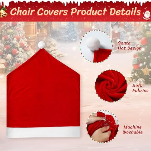 4PCS Red Santa Hat Dining Chair Covers with Pom Poms