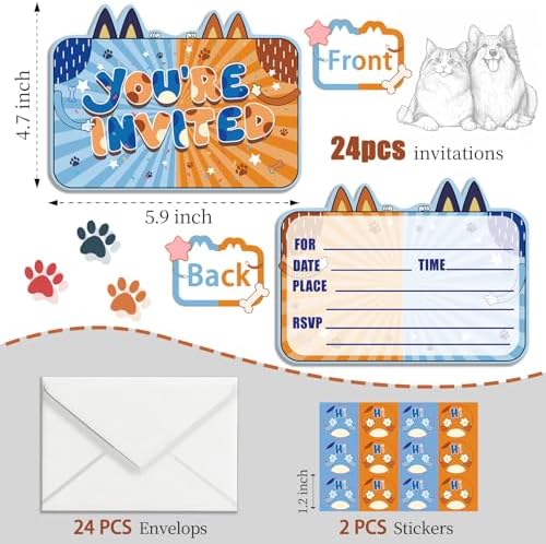 24 Pcs Cartoon Blue Dog Birthday Invitations with Envelopes and Stickers 1