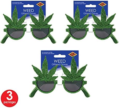 Beistle 3-Piece Glittered Weed Glasses Green 1
