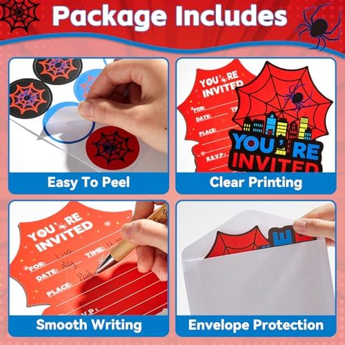28 Pack Spider Web Birthday Invitations with Envelopes and Stickers