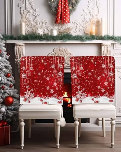 Set of 4 Red Christmas Chair Covers with Snowflake and Ball Design