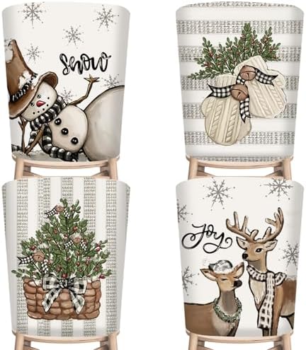 4Pcs Christmas Chair Covers with Snowman Reindeer Holly Berry Design