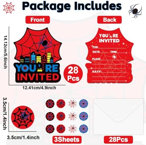 28 Pack Spider Web Birthday Invitations with Envelopes and Stickers