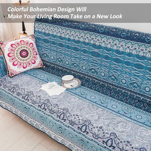 WONGS BEDDING Boho Sofa Cover Blue Stripe 3 Seater Slipcover