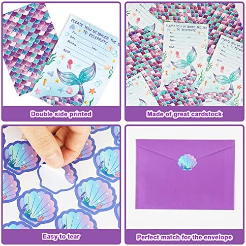30 Pack Mermaid Birthday Invitations with Stickers and Envelopes 1