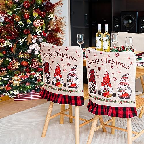 Christmas Chair Covers 4 Piece Burlap Plaid Gnomes