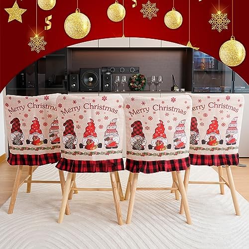 Christmas Chair Covers 4 Piece Burlap Plaid Gnomes
