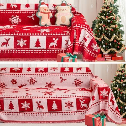 EVENHUG Reversible Christmas Sofa Cover with Tassels