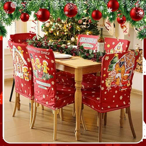 Moukeren 6 Pcs Christmas Chair Covers with Gingerbread Man Design