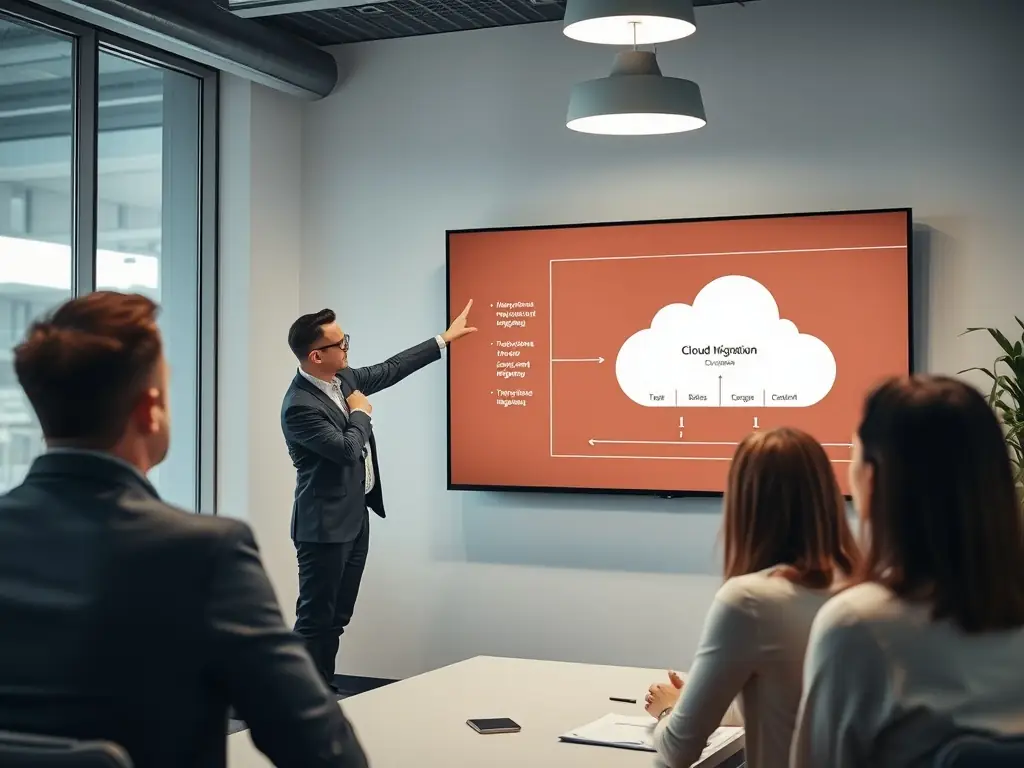A consultant presenting cloud solution options to a client, showcasing the benefits of cloud technology for their business.