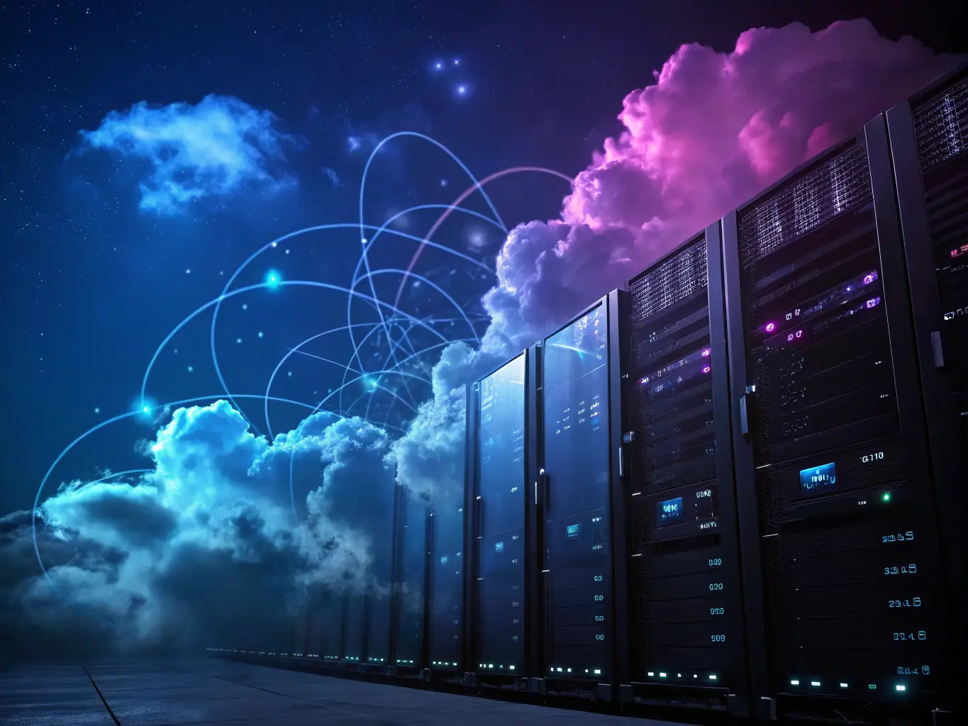 A visually appealing image depicting cloud technology with various interconnected icons representing cloud services, data security, and global accessibility.