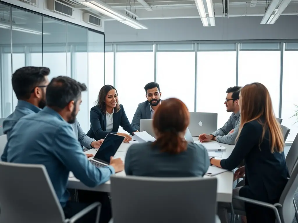 A team of IT consultants collaborating on an IT strategy document, focusing on aligning technology with business goals.