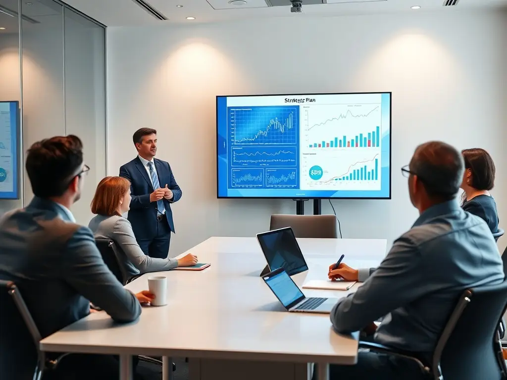 A professional image of a THRIXONTECH LTD consultant presenting a detailed IT strategy plan to a group of business executives in a boardroom.